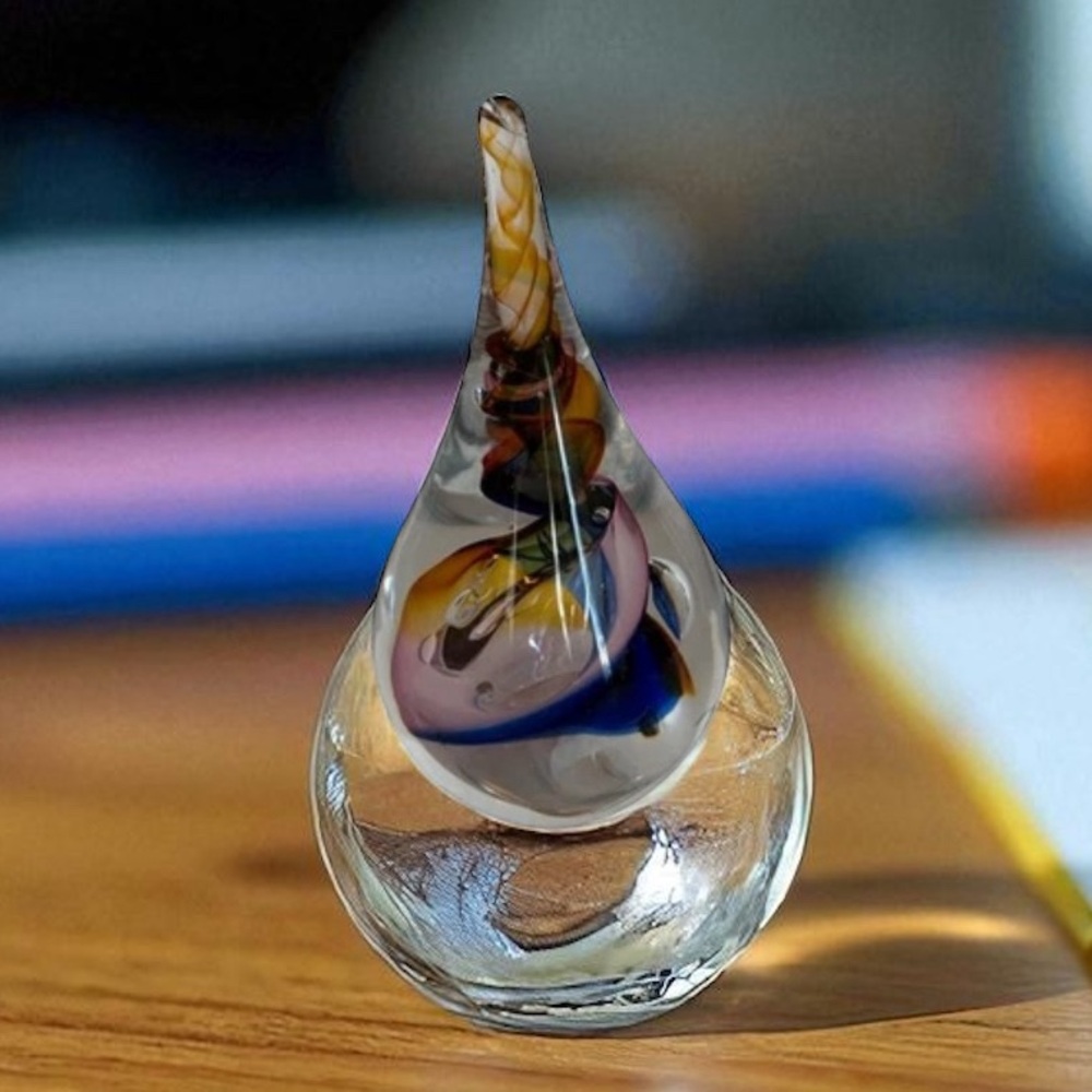 Teardrop Multicolour Swirl Glass Art paperweight Poland Signed Adam Jablonski 7”